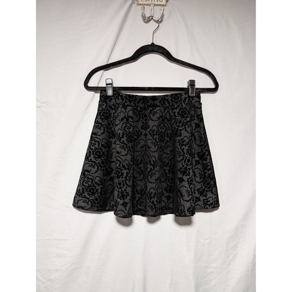 Joe Benbasset Black Velvet Flocked Damask Pattern Mini Skater Skirt Goth Medium